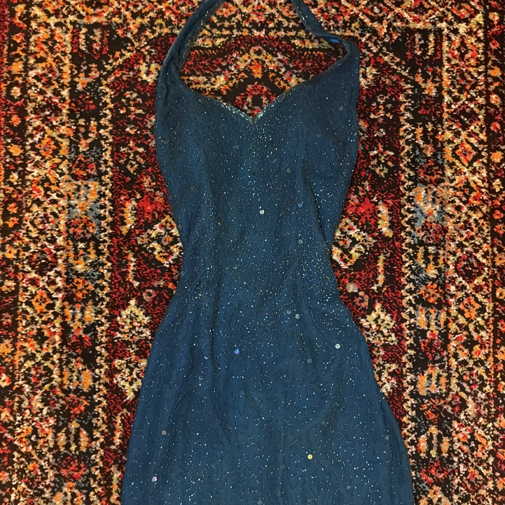 Vintage Adrianna Papell Silk Beaded Halter Gown turquoise, pristine condition